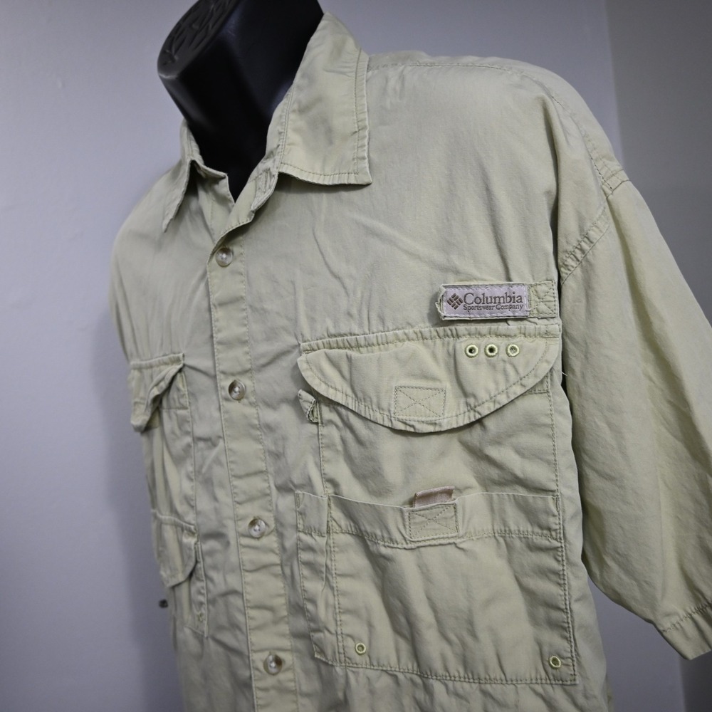 VTG Columbia‎ PFG Vented Fishing Shirt Green Short Sleeve Cotton Mens Size XL